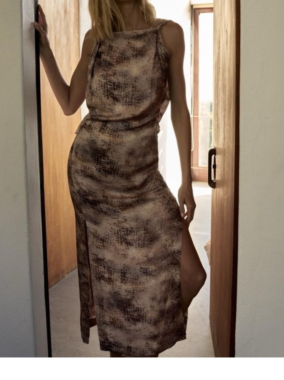 New Zara Animal Print Slip Dress Cream Brown M